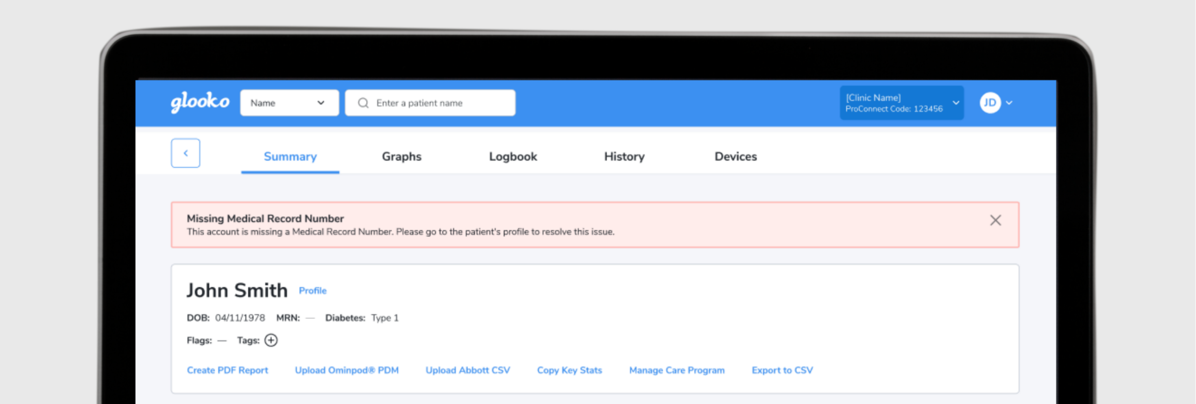 Glooko EHR Integrity with Medical Record Number Notification